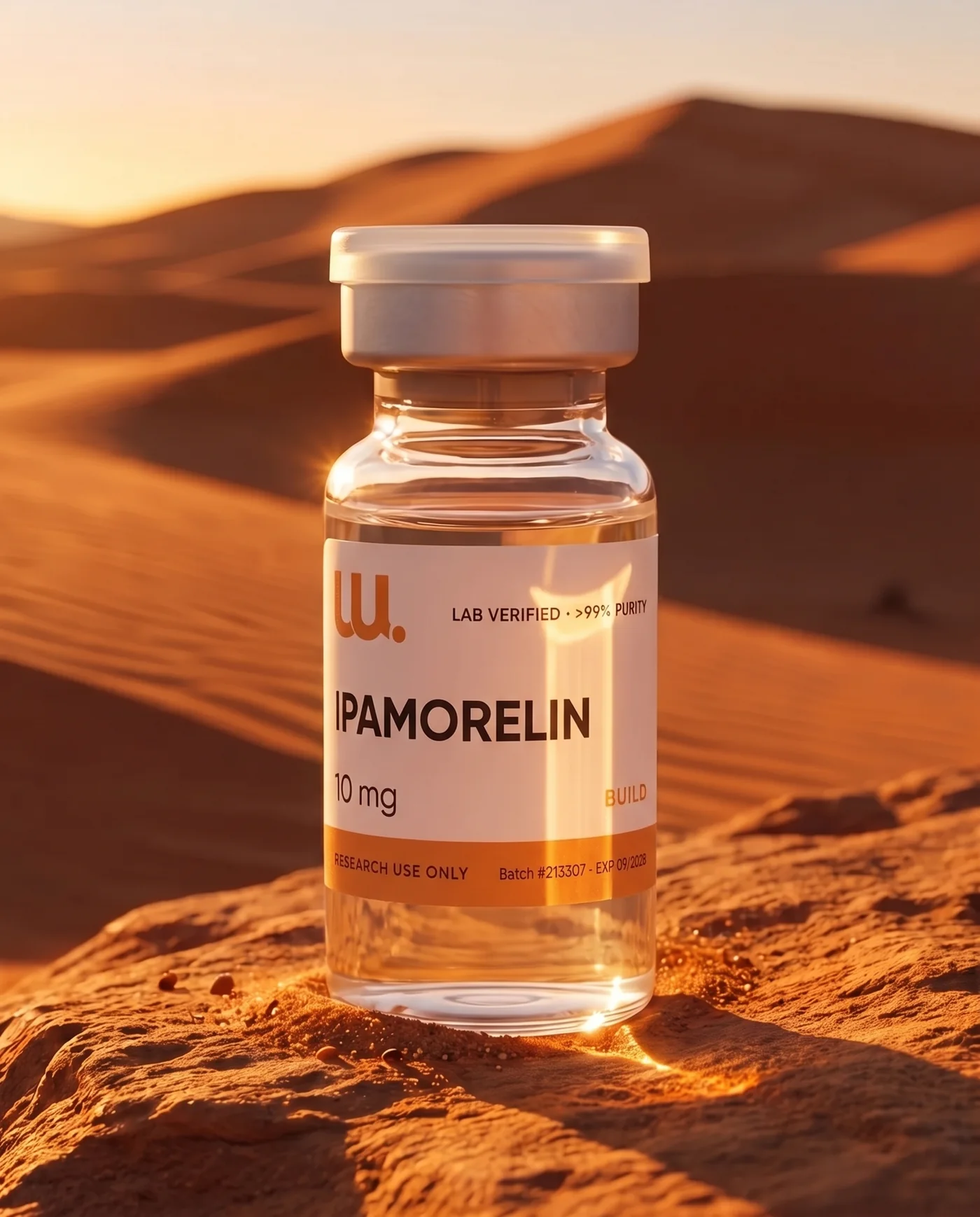 BUILD research peptide vial in a desert sunset setting