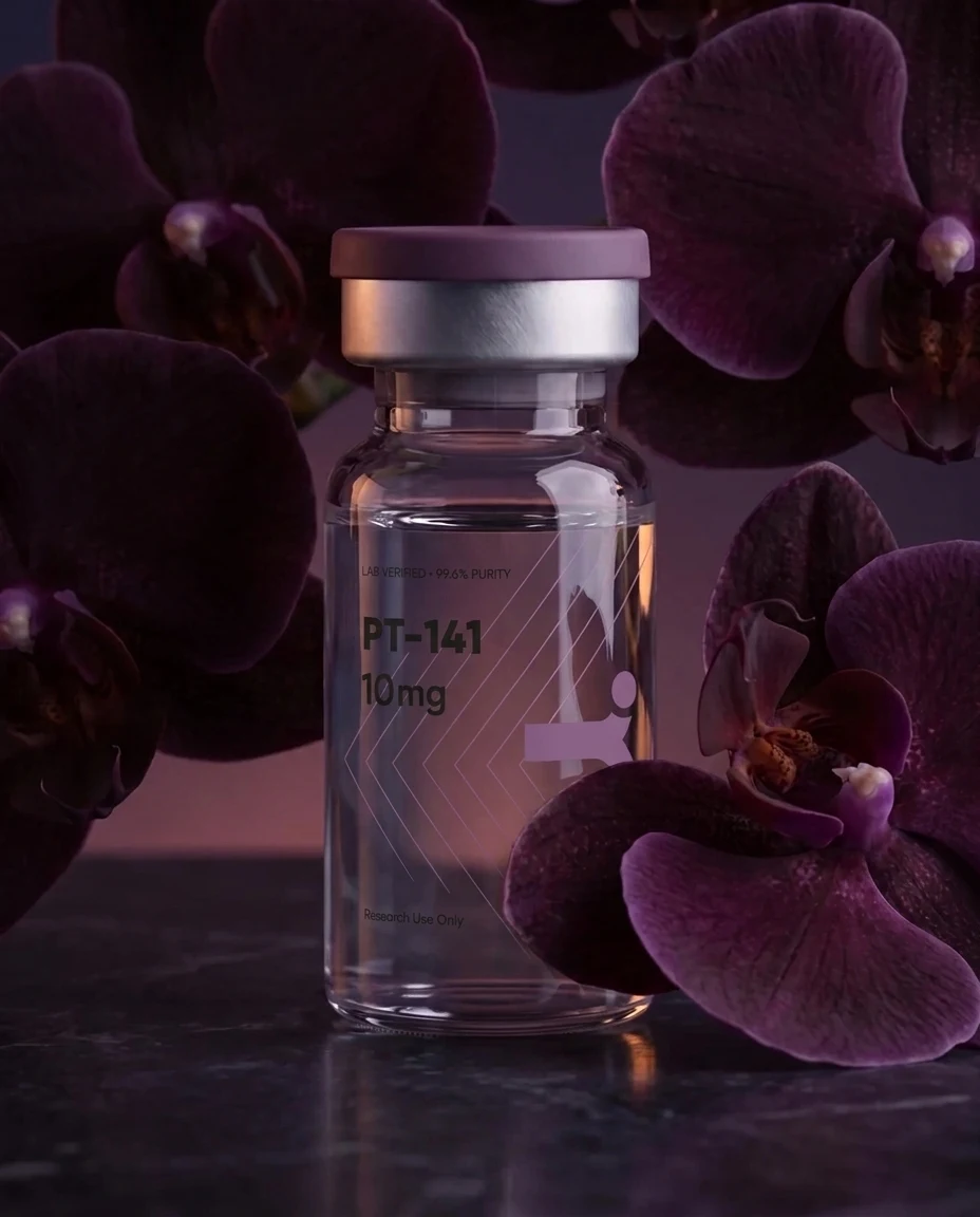 DESIRE research peptide vial in an orchid dusk setting