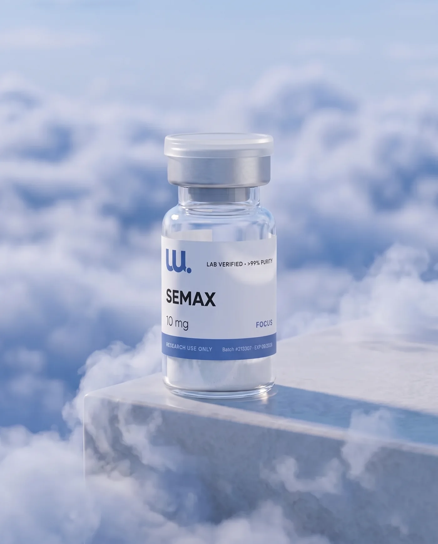 FOCUS research peptide vial above the clouds