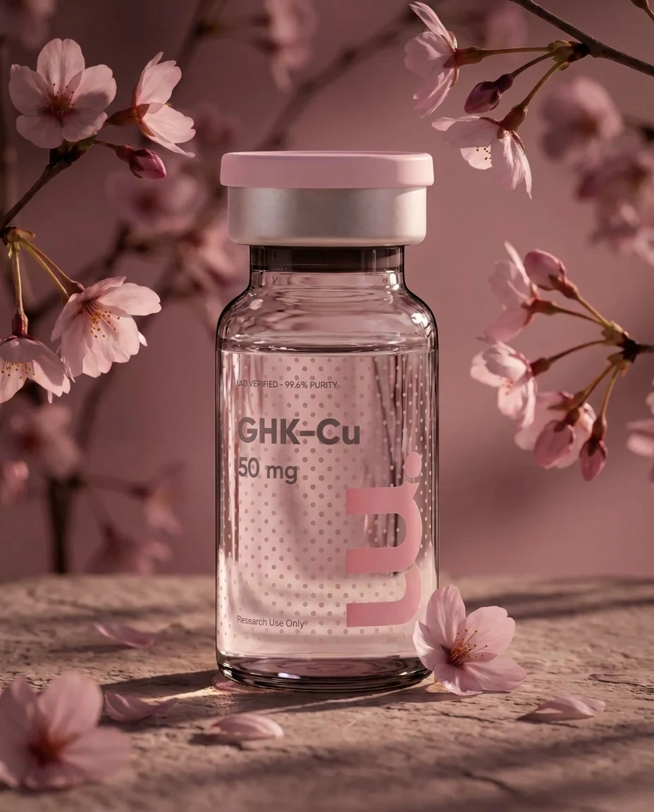 GLOW research peptide vial in a cherry blossom setting