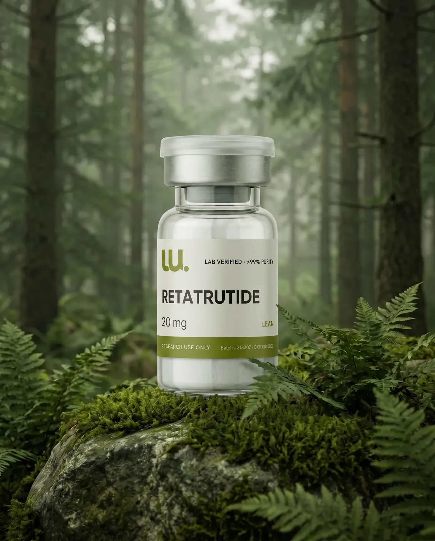 LEAN research peptide vial in a forest setting