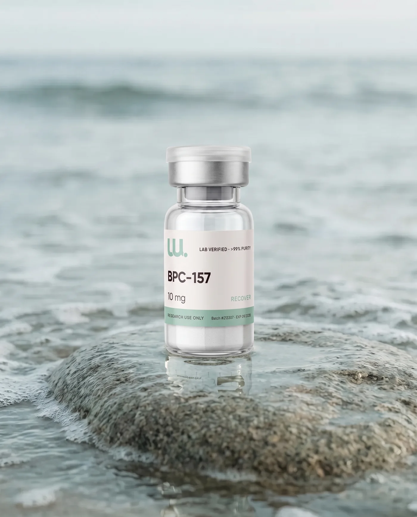 RECOVER research peptide vial by the sea