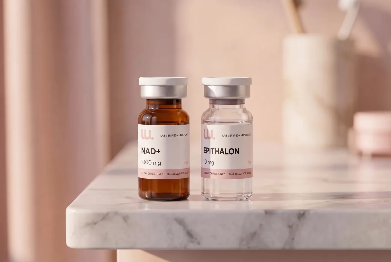 Longevity bundle research pair vials in a lifestyle setting